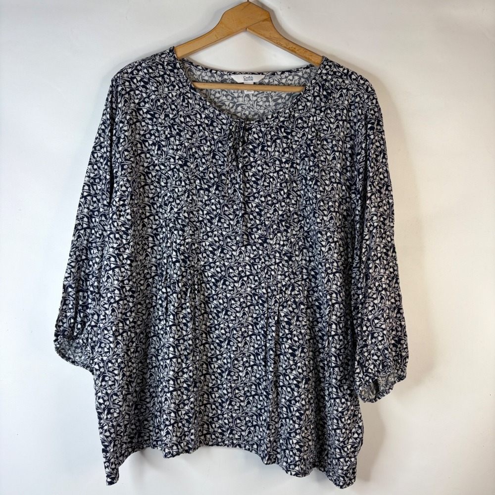 Croft & Barrow Blouse Womens 2X Navy Blue Floral 3/4 Sleeve Split Neck Tie Top